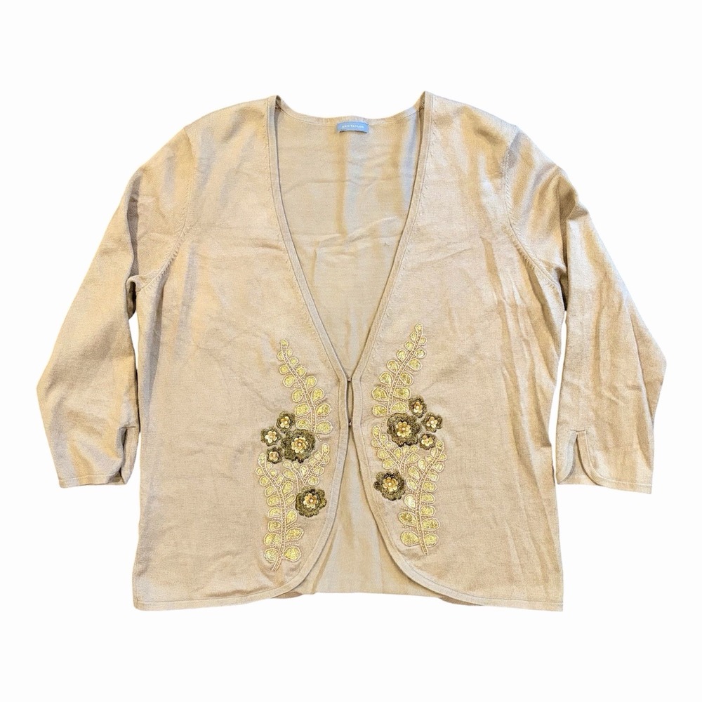Ann Taylor Embellished Silk Cotton Blend Tan Cardigan Size M Gold Green Floral